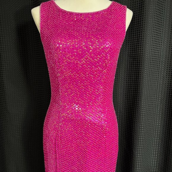 Vintage Formal Lillie Rubin Hot Pink Beaded Sheath Silk Sequin Dress Size Small - Picture 1 of 11